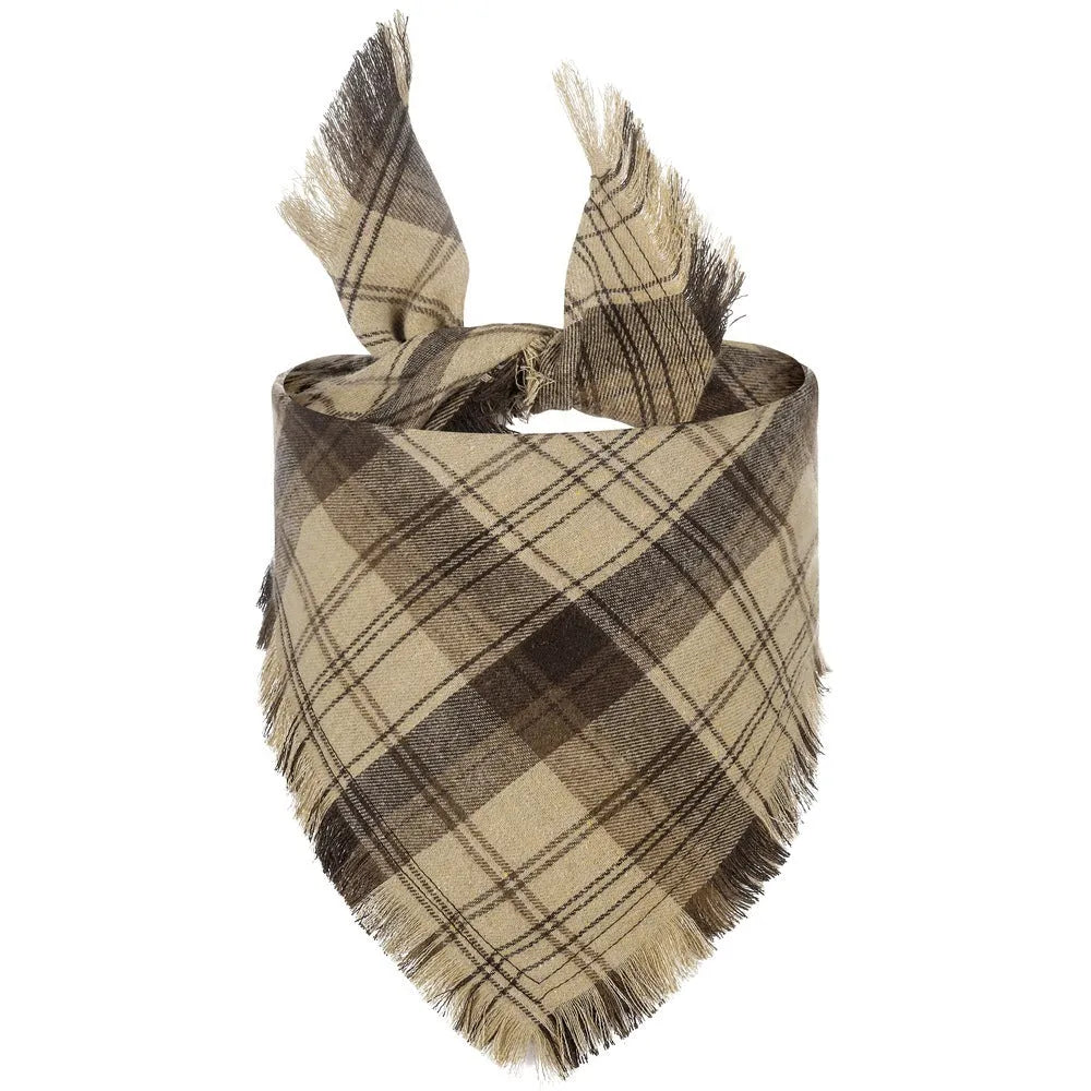 Plaid triangle dog bandana with tassels in autumn colours like orange and brown