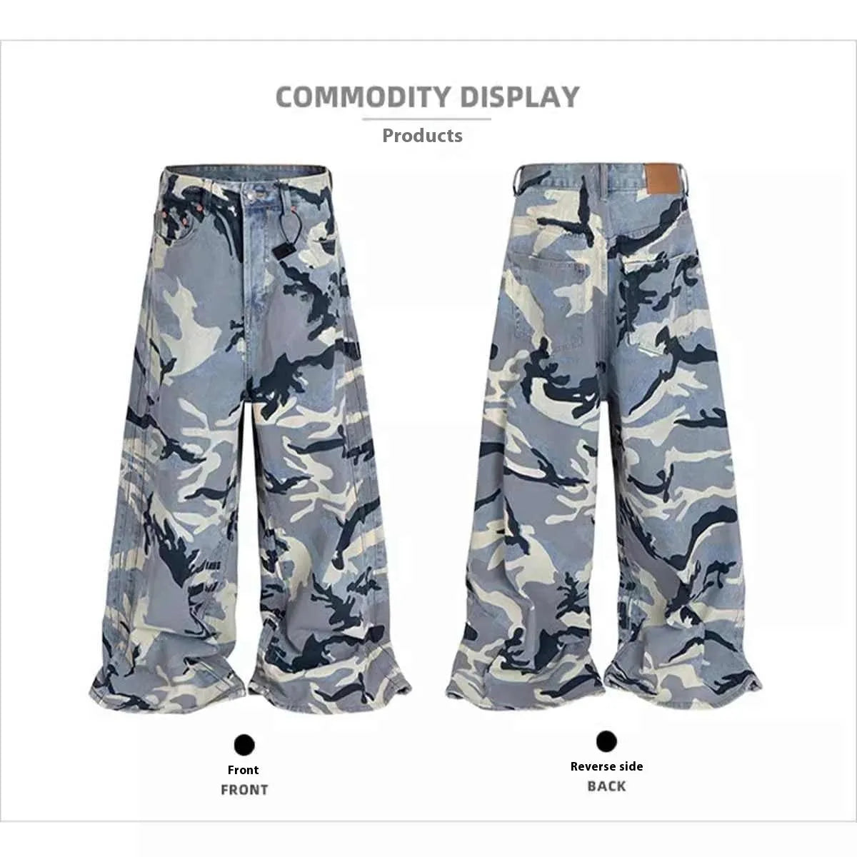 Snow camouflage blue loose fit denim jeans on a mid waist, showing the micro-elastic fabric texture.