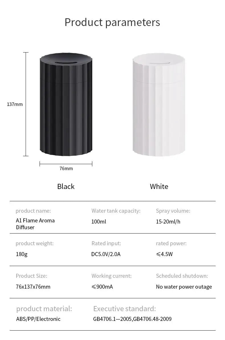Essential oil diffuser humidifier with flame effect LED lighting in black or white colour option