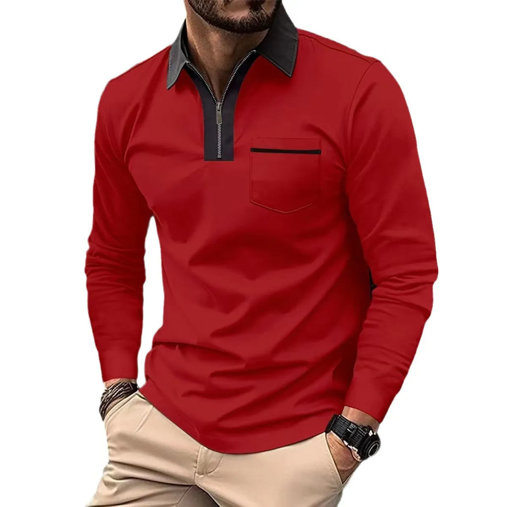 Men's long sleeve zip-up polo shirt with lapel collar in two-tone colour, cotton blend, sizes S-3XL.