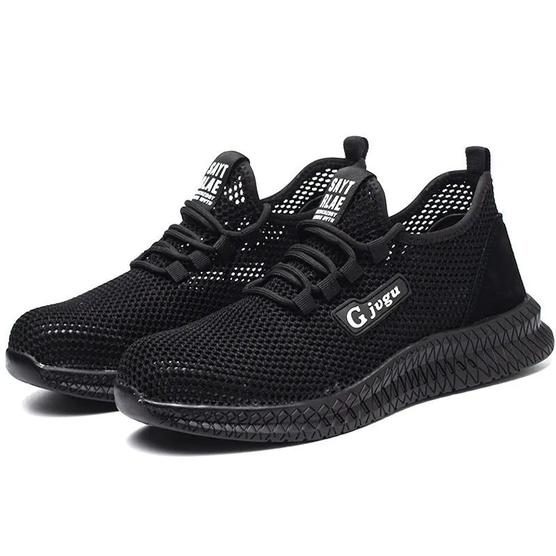Men's Flyknit work safety shoes with steel toe cap in black, grey or yellow colours