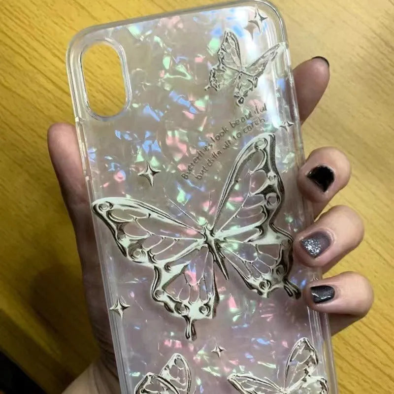 Transparent TPU phone case with butterfly English tape shell paper design and large hole cutout for Apple iPhone