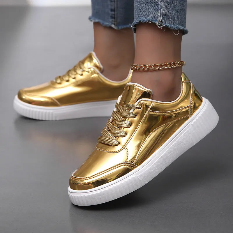 Rose gold sequin platform sneakers with round toe and thick MD sole on size label background