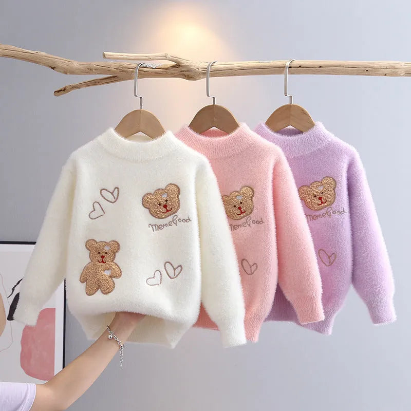 Mink fur plush children knitted sweater for girls, solid colour with cartoon and letter print, pullover style