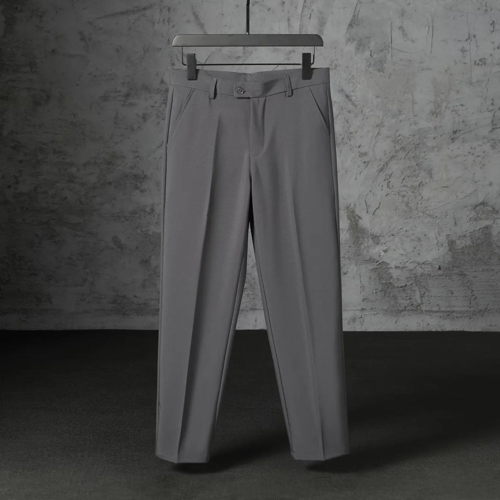 Men's straight leg suit trousers in polyester with brushed finish, light business style, nine colours, sizes 27 to 38.