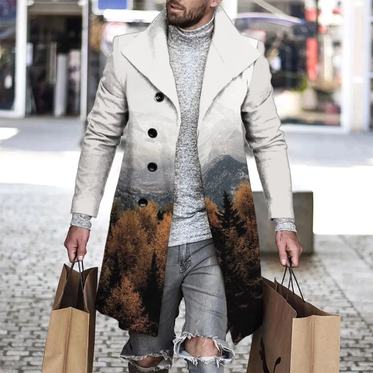 Men's 3D digital print woolen lapel jacket in single-breasted style, 70% polyester blend