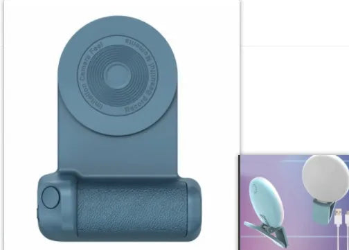 Black multifunctional phone camera holder with magnetic suction and rotatable stand on a table.