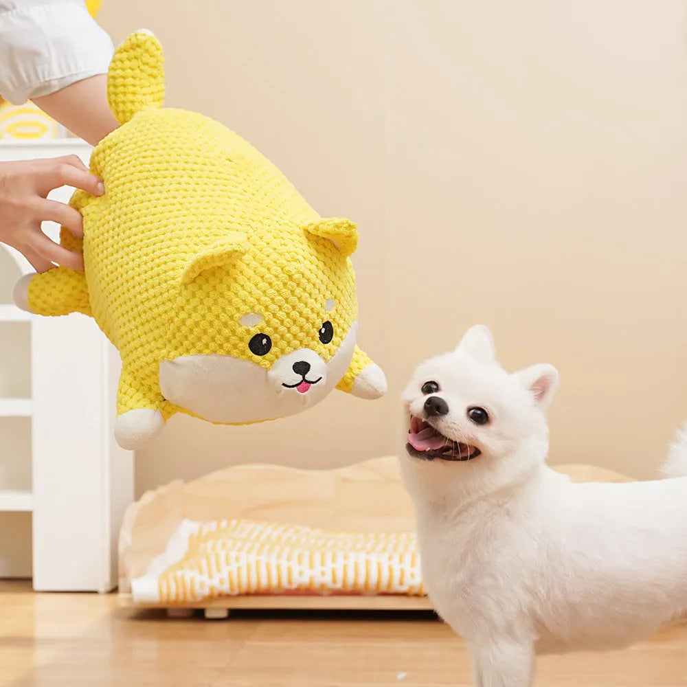 Plush dog calming toy with squeaker for puppy teeth cleaning in medium or large size