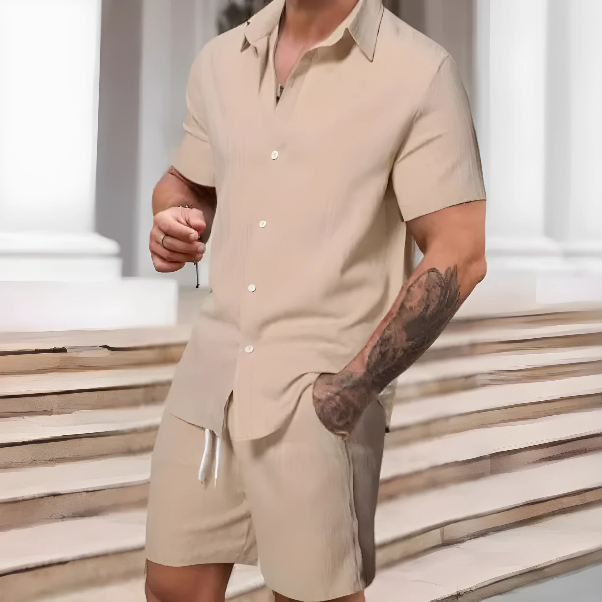 Men's striped printed casual suit set with short sleeve shirt and matching shorts in street style