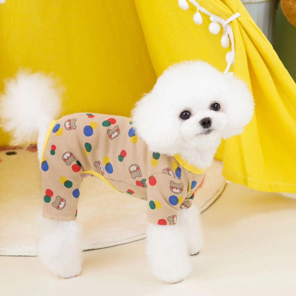 Beige and light brown dog jumpers with colourful ball bear design, sizes S to XXL