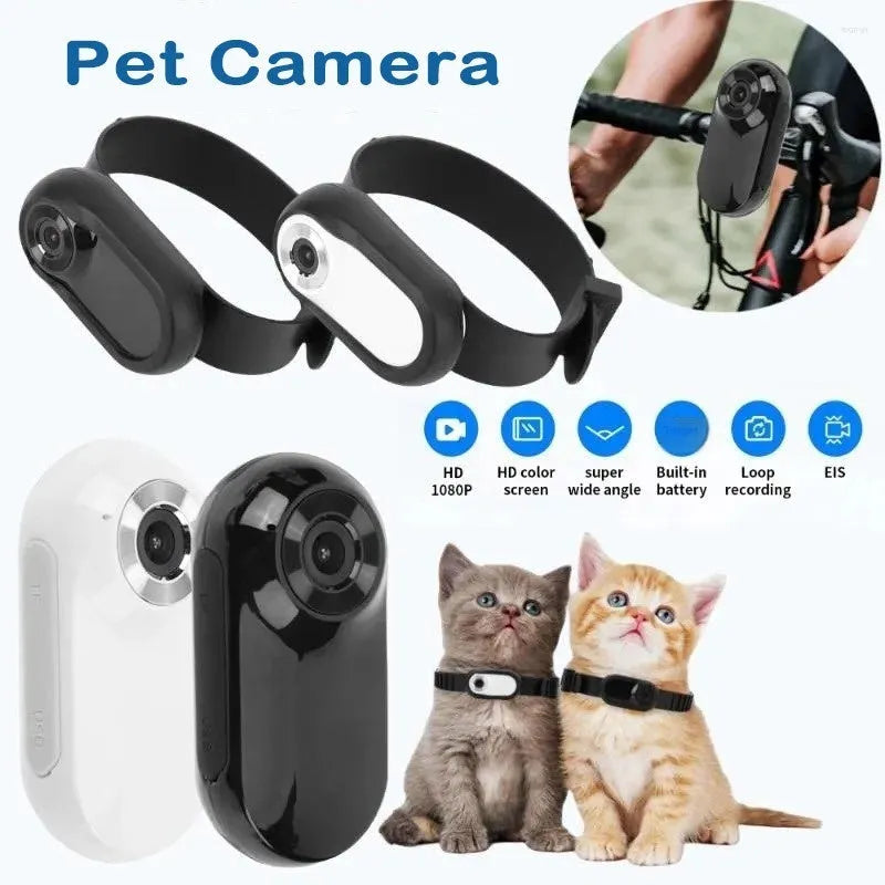 White thumb pet camera with silicone collar for cats, compact design on a collar