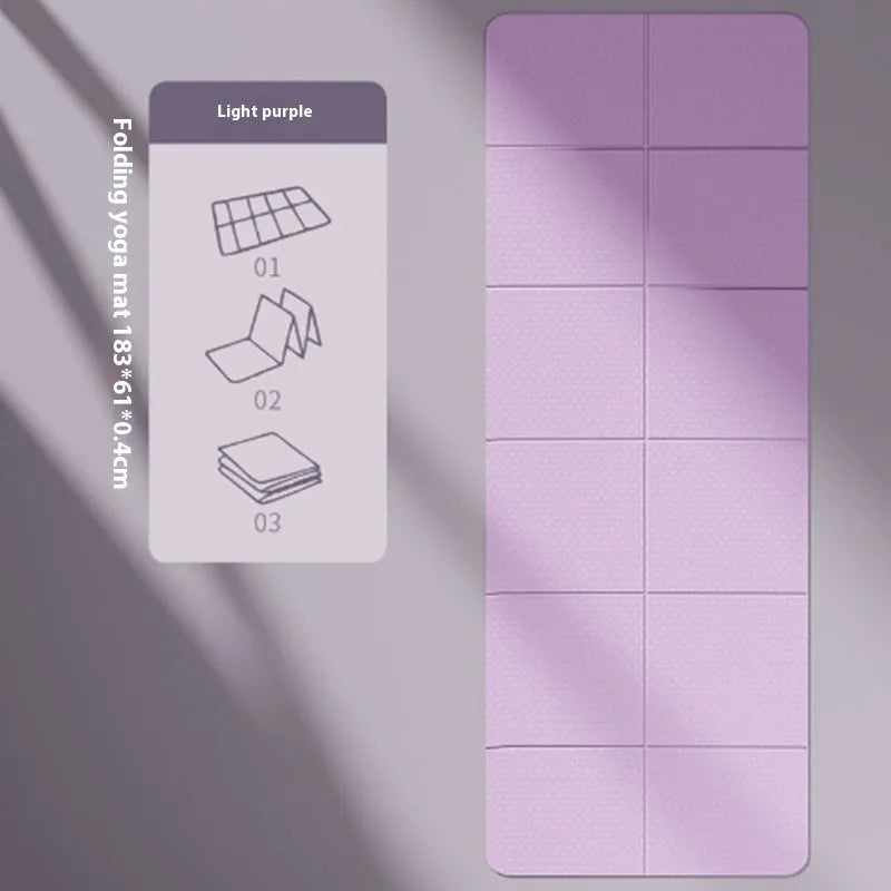 Purple folding TPE gymnastic mat unfolded on a floor, showing its non-slip texture and six-fold creases.