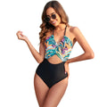 Women's printed patchwork leaf pattern one-piece swimsuit in black, red, yellow, or green
