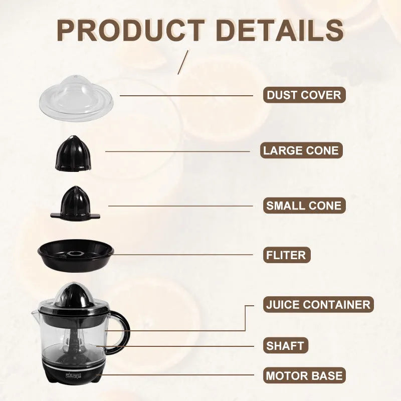 Black ABS electric citrus juicer with 25W motor and 0.7L capacity for EU 220V outlets