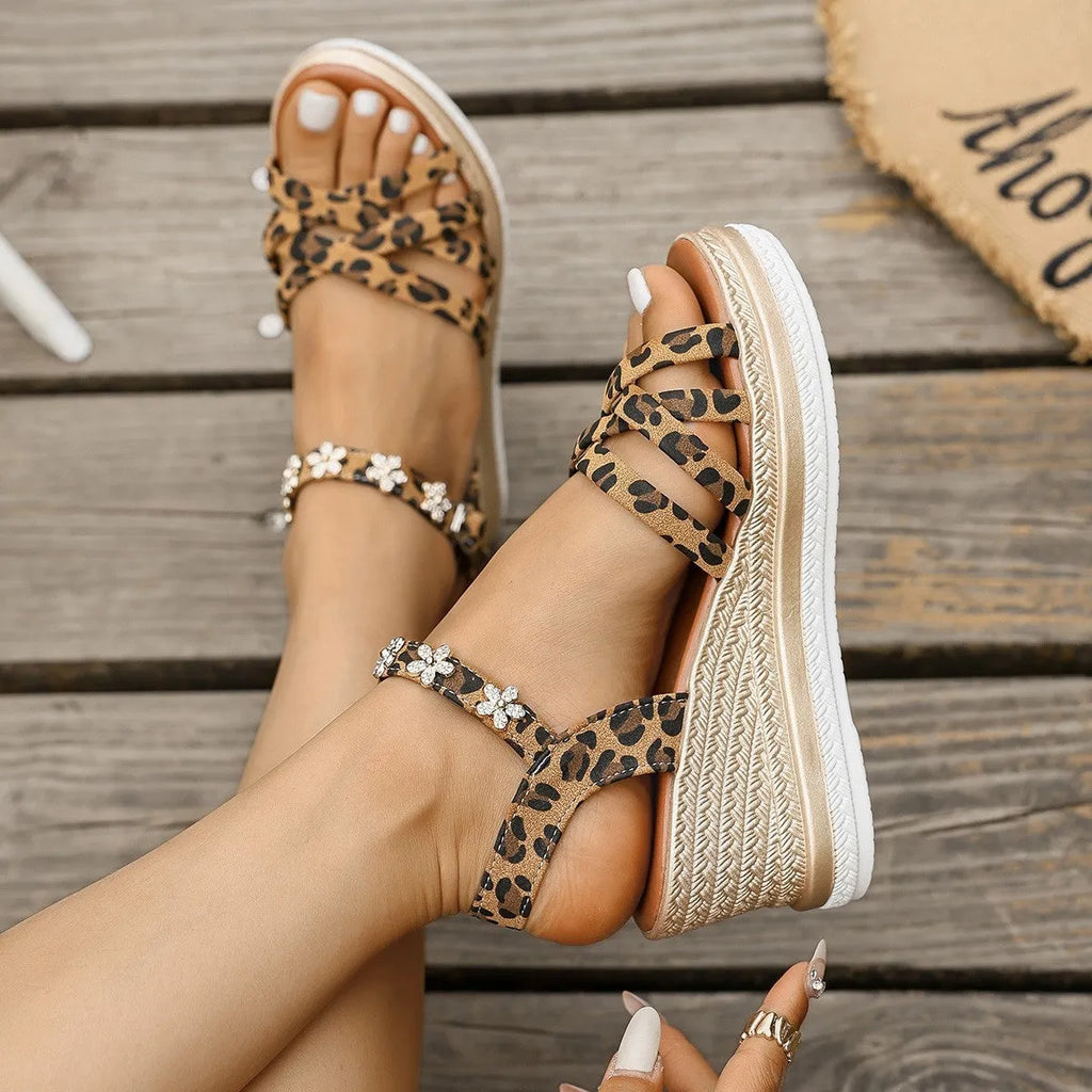 Light brown suede women's platform sandals with ankle buckle and open toe Roman style design