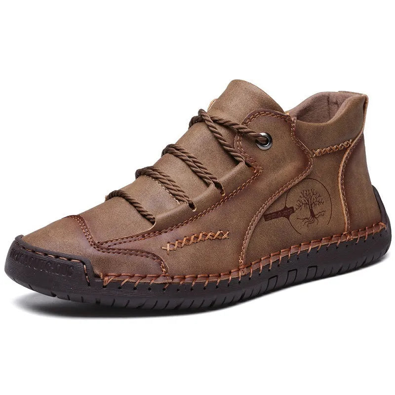 Men's brown leather high-top lace-up casual boots on a white background.