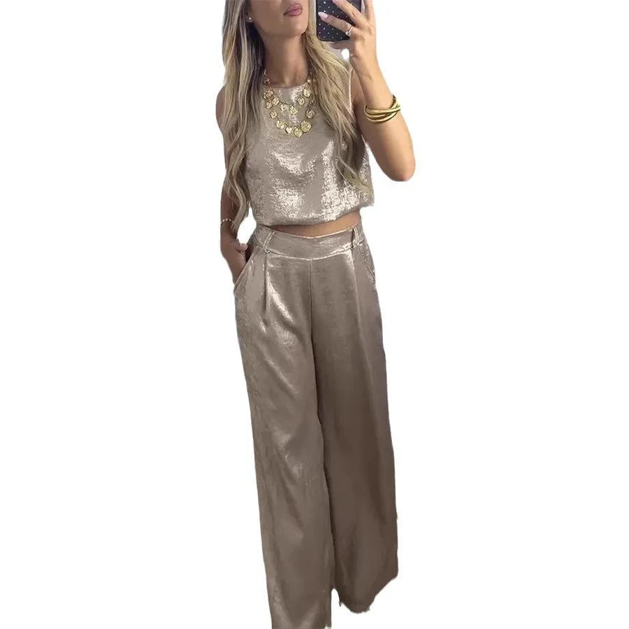 Women's gold polyester sleeveless vest and high-waisted pants casual two-piece set with button detail