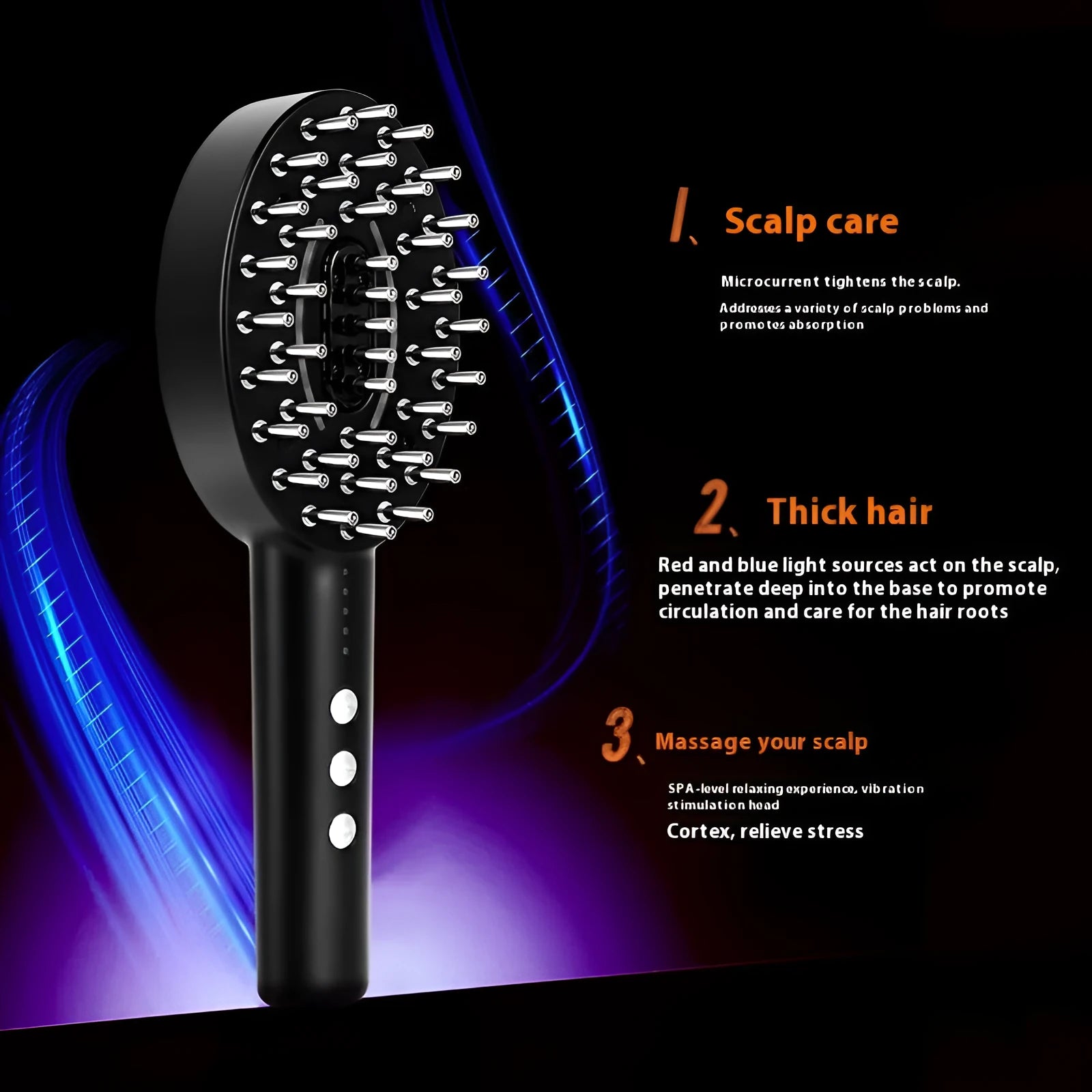 KD3802 Black handheld scalp massage device with USB charging cable
