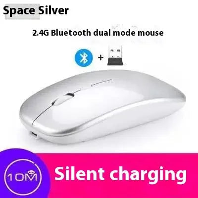 Bluetooth dual-mode wireless mouse in grey with mute buttons and 15cm USB charging cable