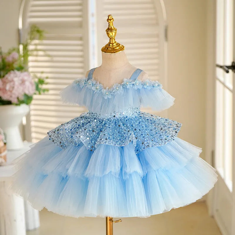 Sky blue children's princess dress made from polyester fibre, suitable for heights 80-150cm, for birthday parties and piano recitals