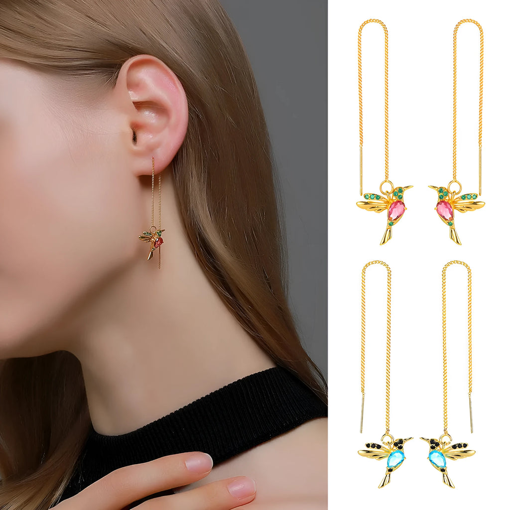 Little bird drop long hanging hummingbird earrings in rose gold finish with crystal tassel pendant