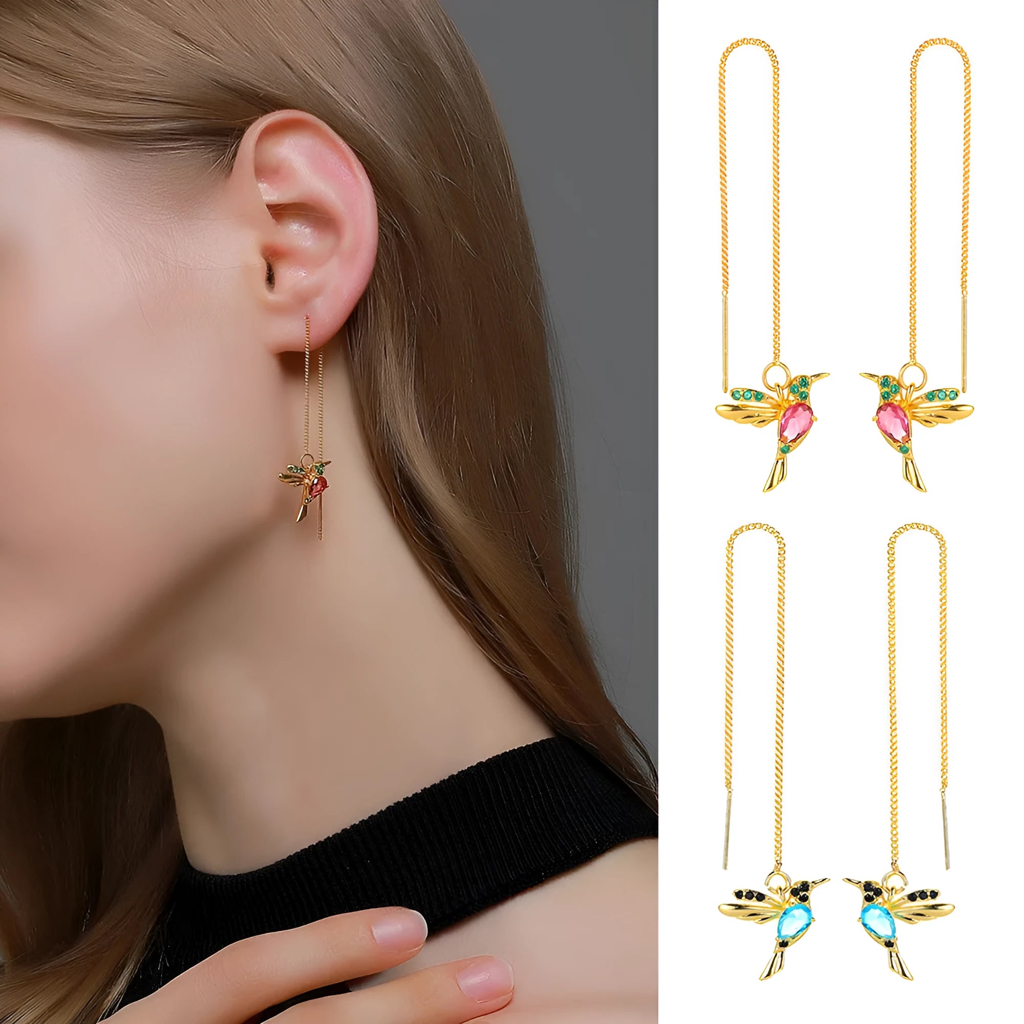 Little bird drop long hanging hummingbird earrings in rose gold finish with crystal tassel pendant