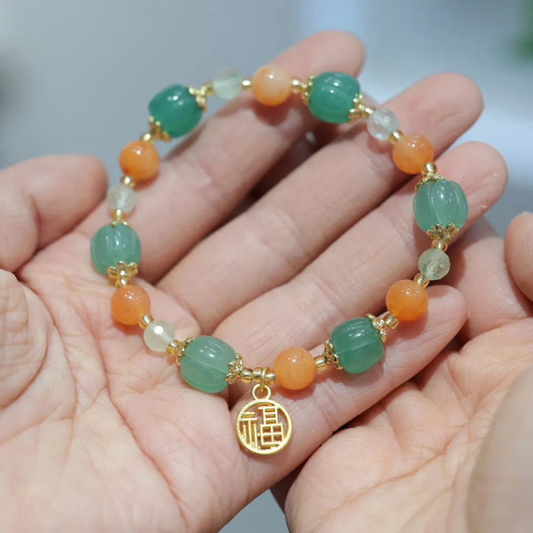 Chinese Duobao pumpkin bracelet with Jinsi Jade beads and prehnite stones for women
