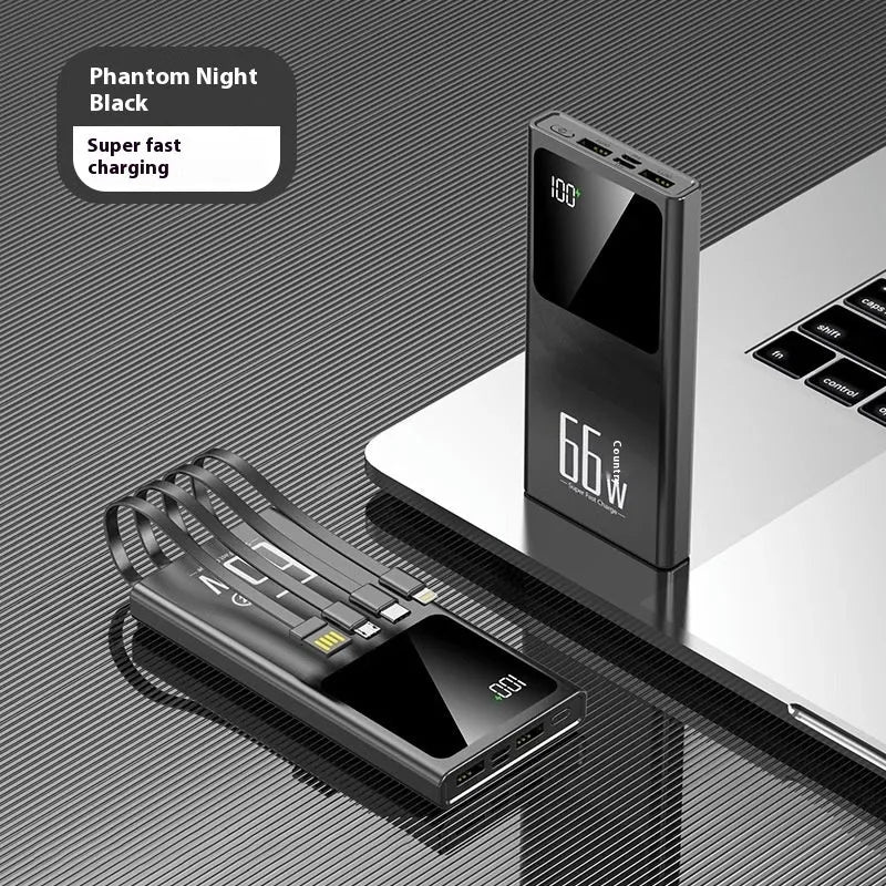 Ultra-thin portable mini power bank in black, white, purple, or blue, 145 x 68 x 15mm, plastic shell, fast charging.