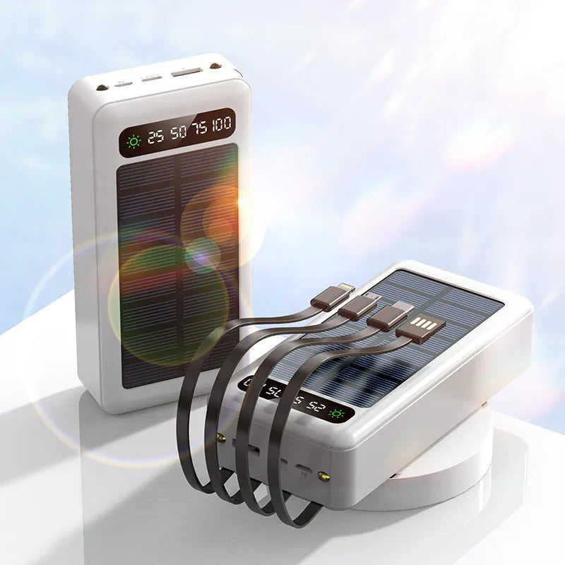 Solar power bank with 30000 mAh capacity in black white or green plastic case measuring 140 x 68 x 44 mm