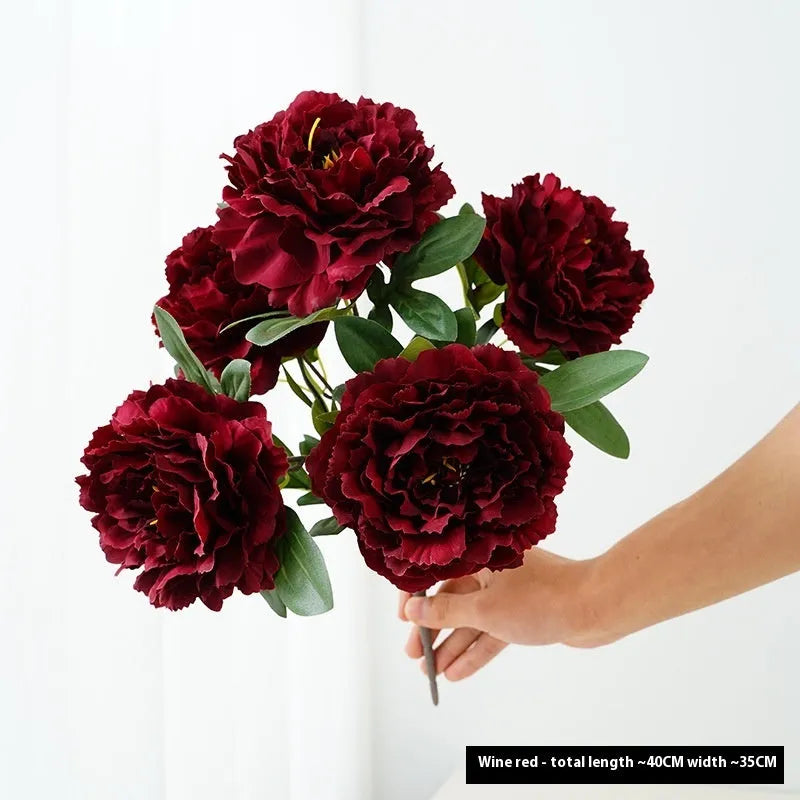 Artificial peony 5-head bouquet in light champagne, 40cm tall silk flower arrangement