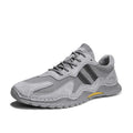 Men's low-top grey pigskin platform hiking boots with lace-up front and rubber sole.