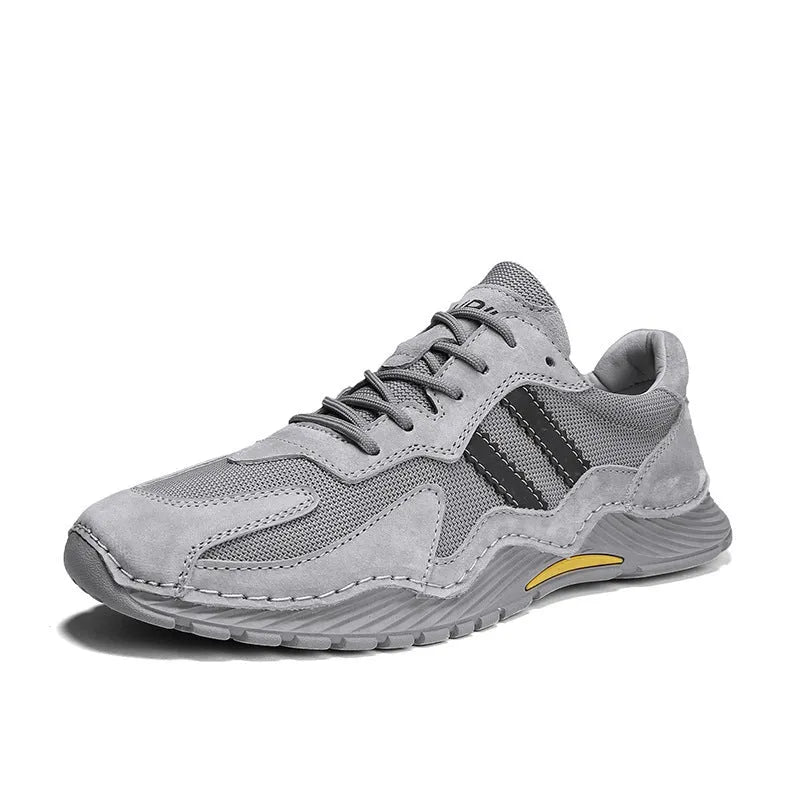 Men's low-top grey pigskin platform hiking boots with lace-up front and rubber sole.