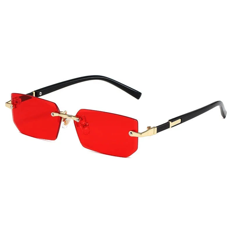 Women's rimless sun glasses with gold frame and brown lens, asymmetric design