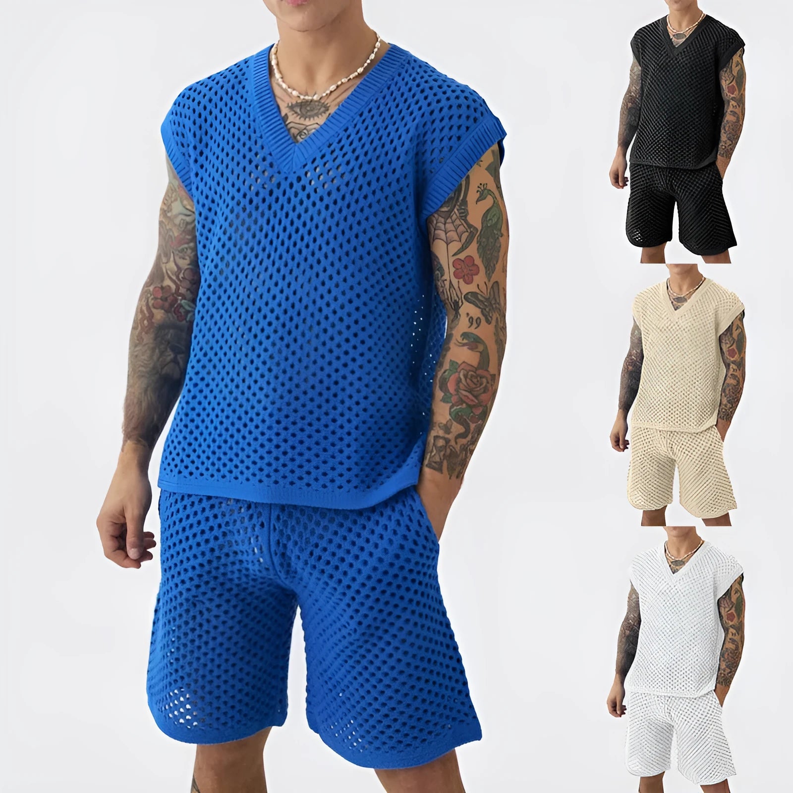 Men's blue V-neck vest and shorts suit for summer sports activities