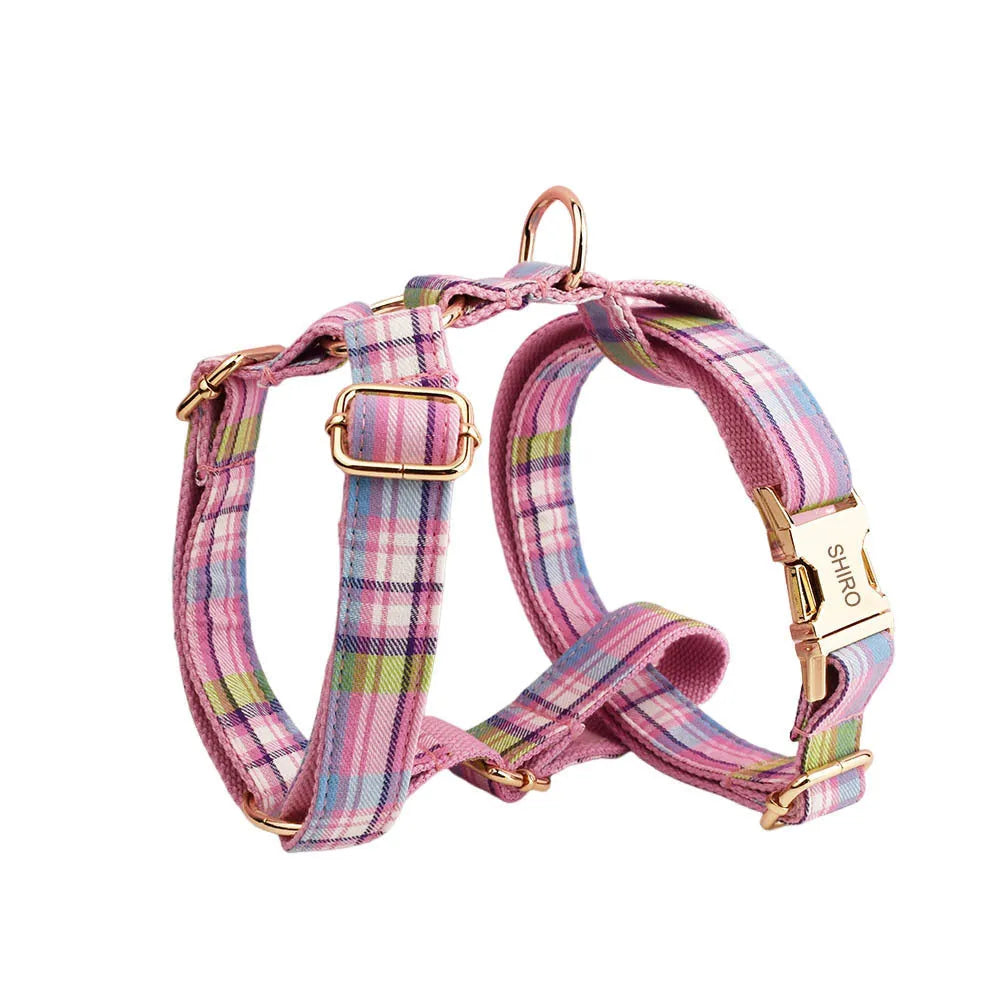 Four-piece dog accessory set showing collar, leash, vest and bow in cloth material