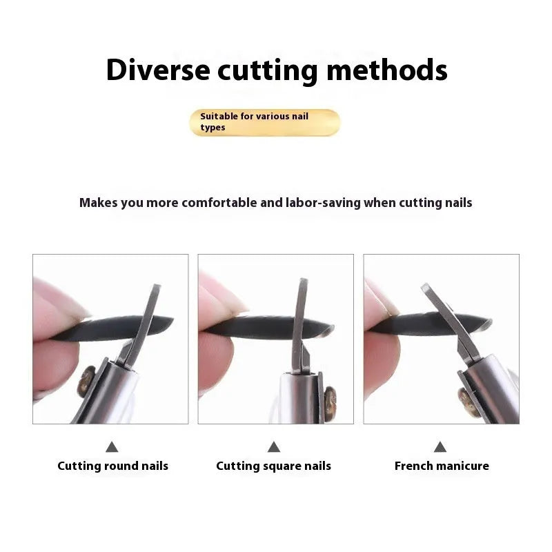 Stainless steel nail scissors with French U-shaped blades for nail art, shown in black, titanium, or silver finishes.
