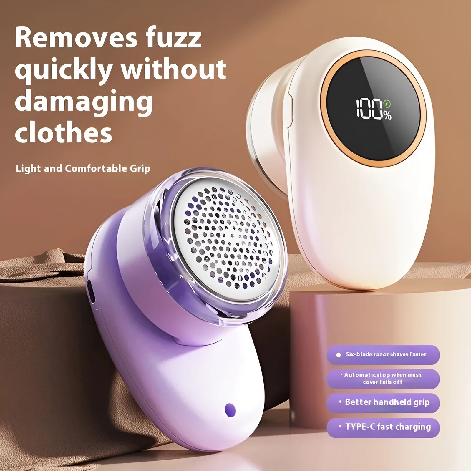 Purple and beige digital fur ball trimmer with LCD screen and multiple blade heads on a white background