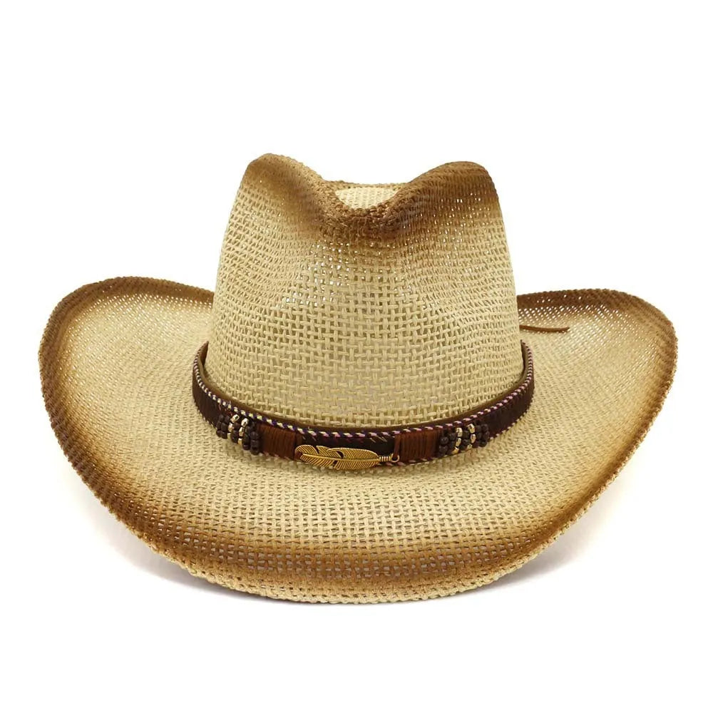 Paper straw cowboy beach hat with bell crown in khaki colour on neutral background
