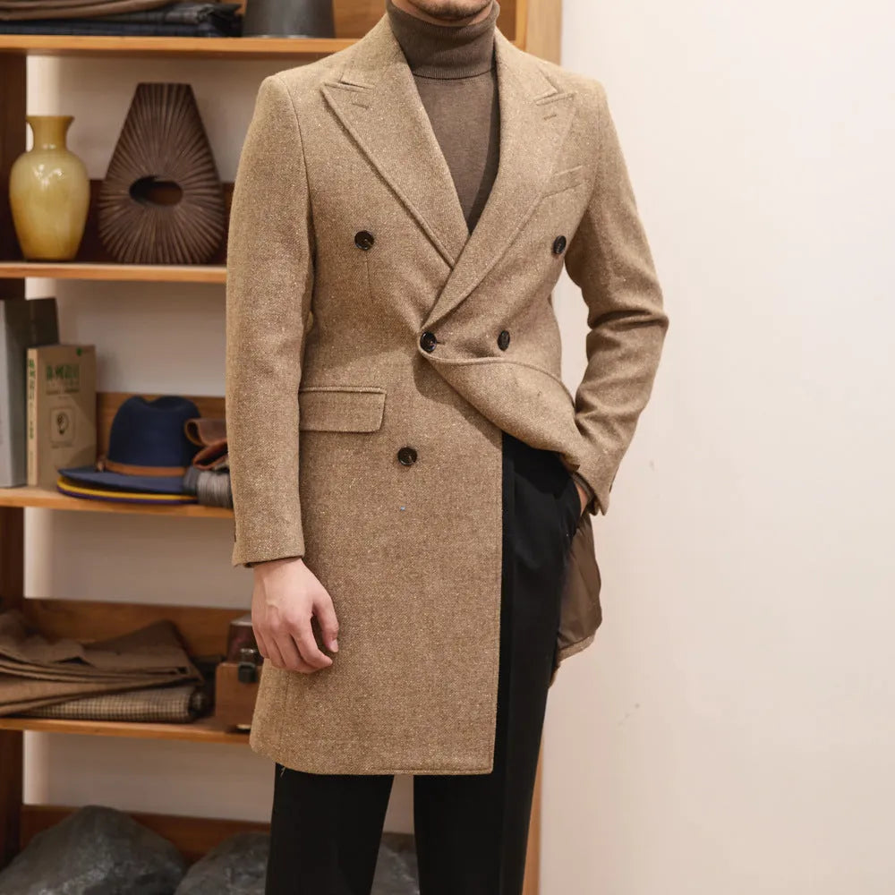 Brown men's double breasted slim jacket with side seam pockets and straight hem