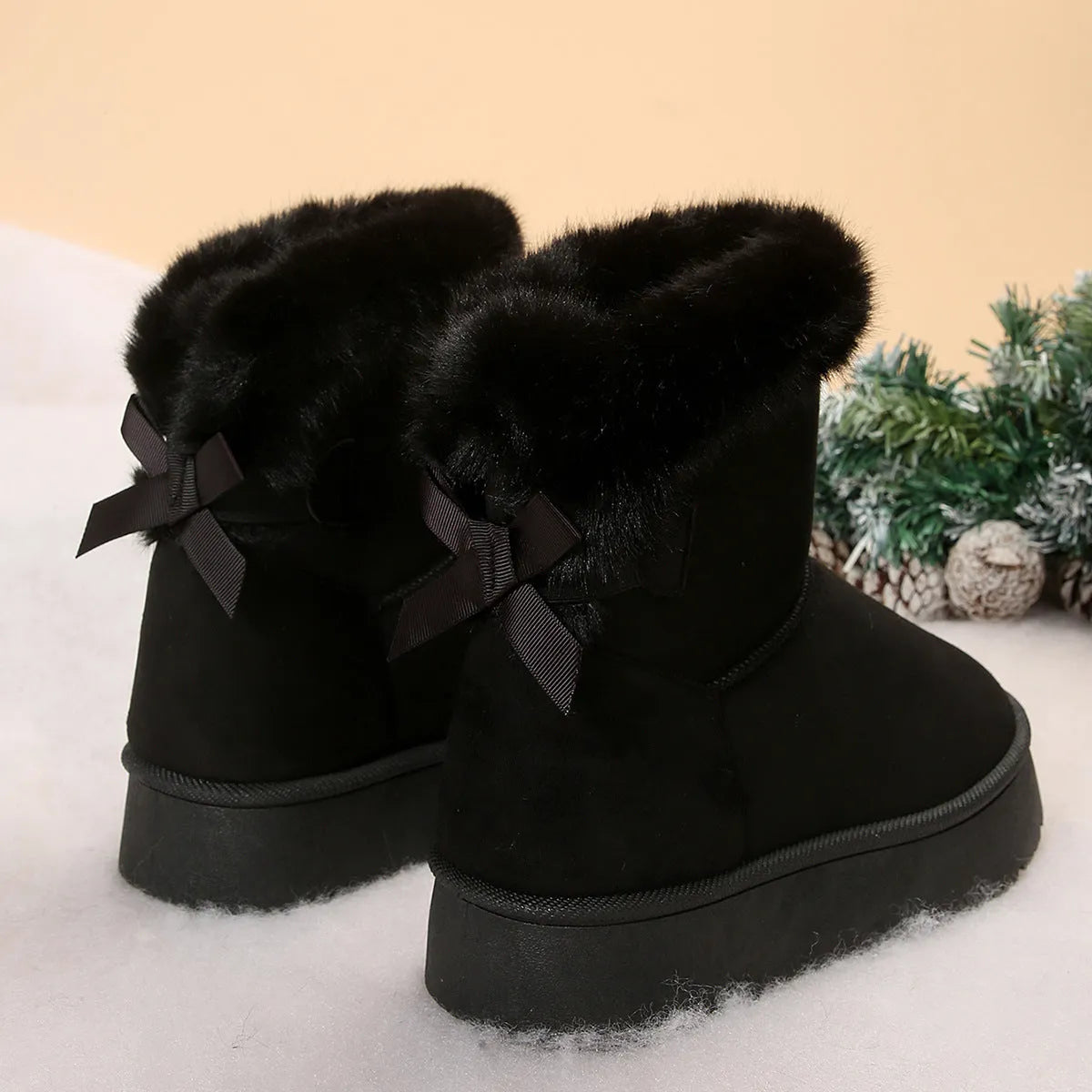 Black artificial PU winter snow boots for women with bowknot and Velcro closure