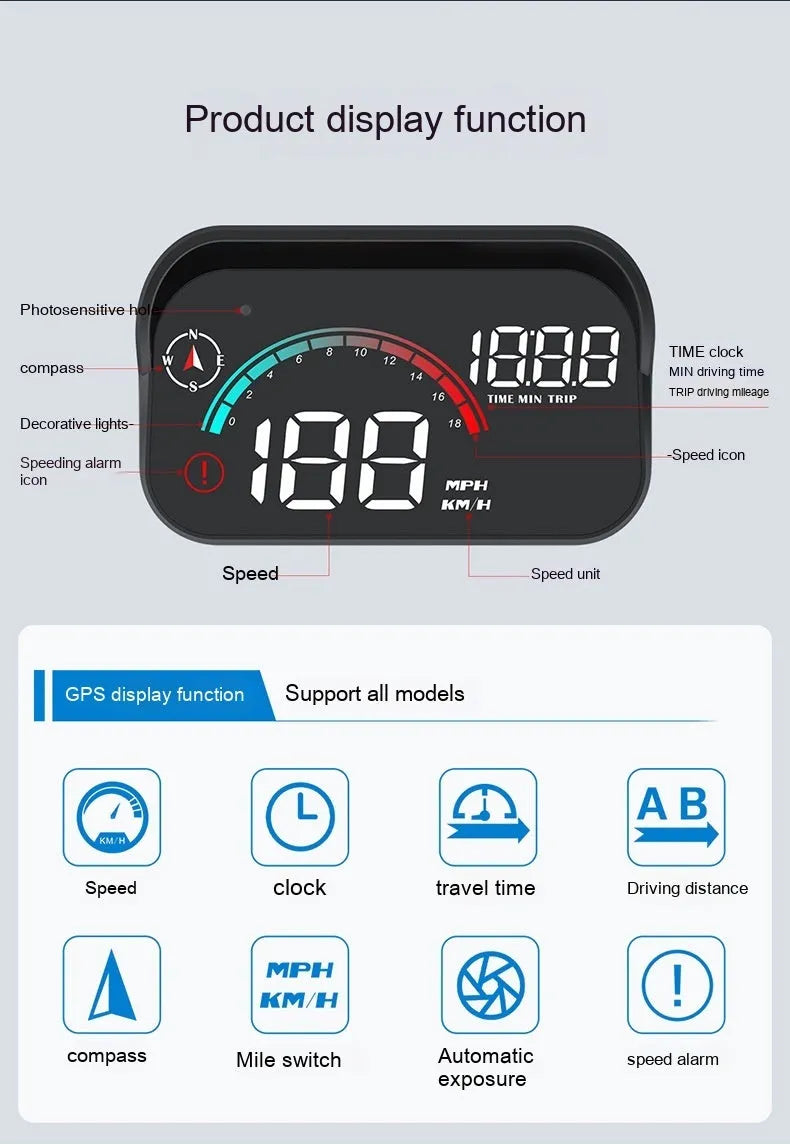 Black universal head-up display car projector for speed and compass on dashboard