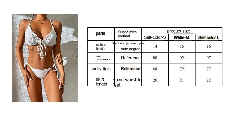 Women's black lace-up backless bikini with a white sunken stripe pleated pattern.
