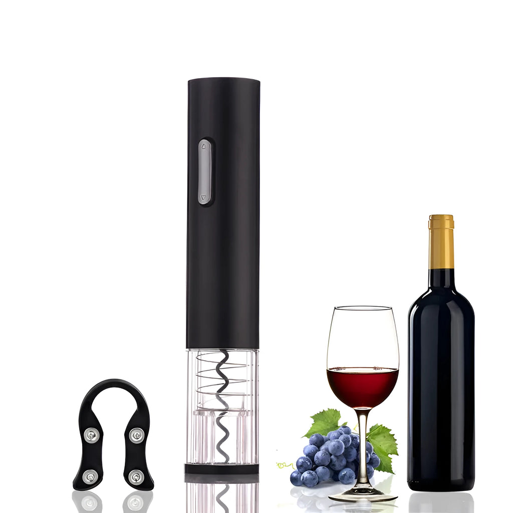 Automatic electric wine bottle opener with foil cutter in black, red, or white plastic finish.