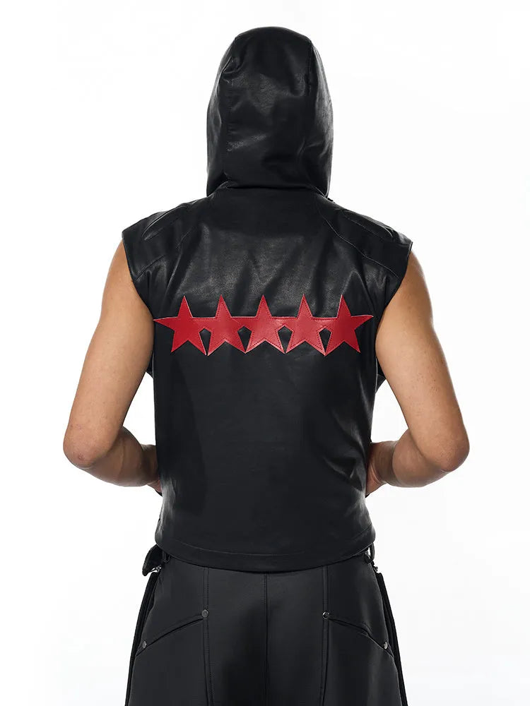 Black PU leather waistcoat for men with hooded collar and star detailing