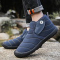 Men's waterproof cotton snow boots with non-slip rubber sole in black, blue, green, and yellow.