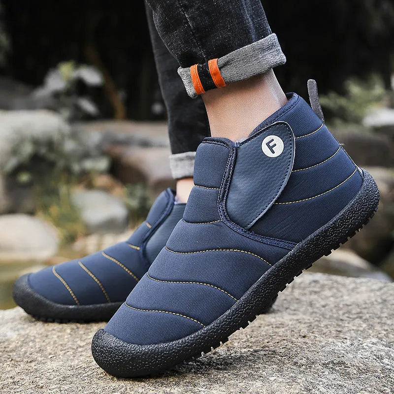 Men's waterproof cotton snow boots with non-slip rubber sole in black, blue, green, and yellow.
