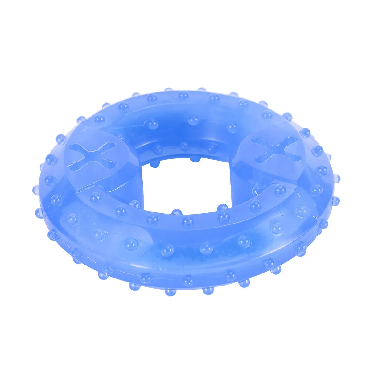 A freezable bone-shaped and circle-shaped dog chew toy designed for cooling and teething relief.