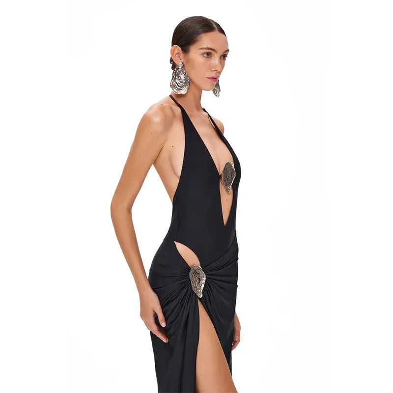 One-piece swimsuit set with deep V-neck backless design and skirt, white or black nylon spandex blend, sizes S M L