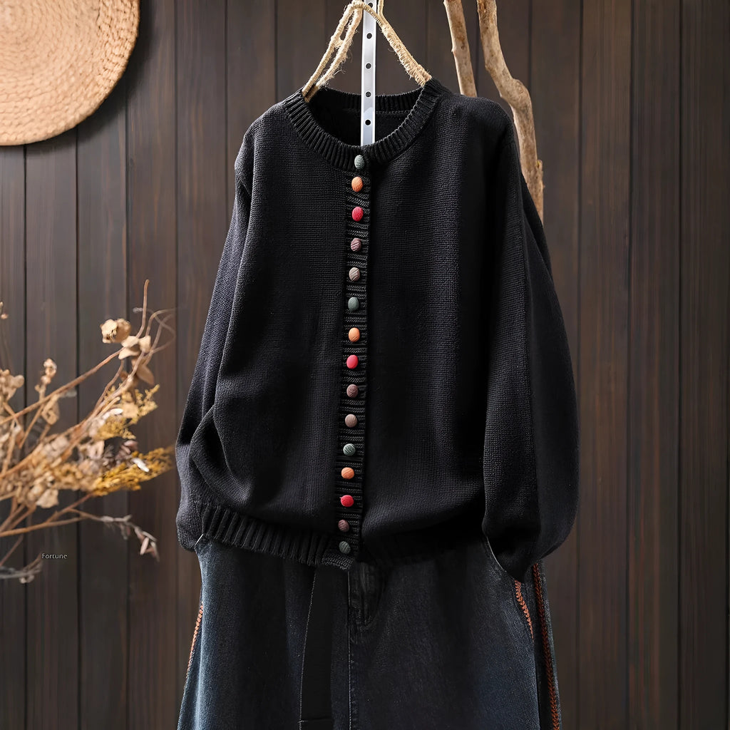 Women's loose-fitting long sleeve button cotton spandex cardigan in art retro style various colours
