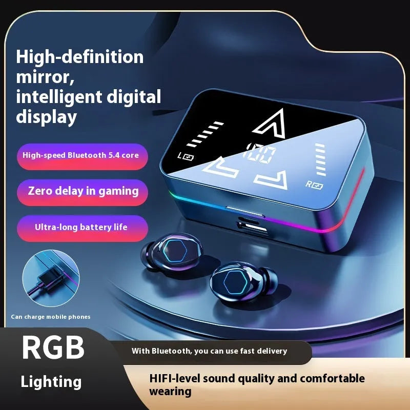 M49PRO Bluetooth headset in black with mirror digital display and in-ear sports style